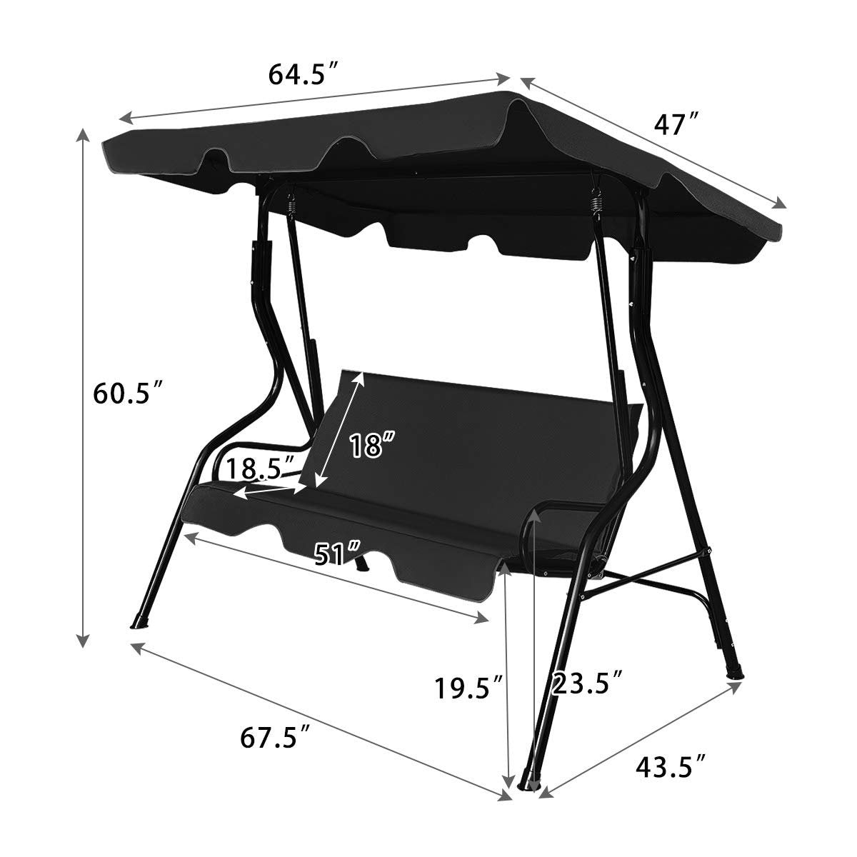 3 Seats Patio Canopy Swing, Black Porch Swings   at Gallery Canada