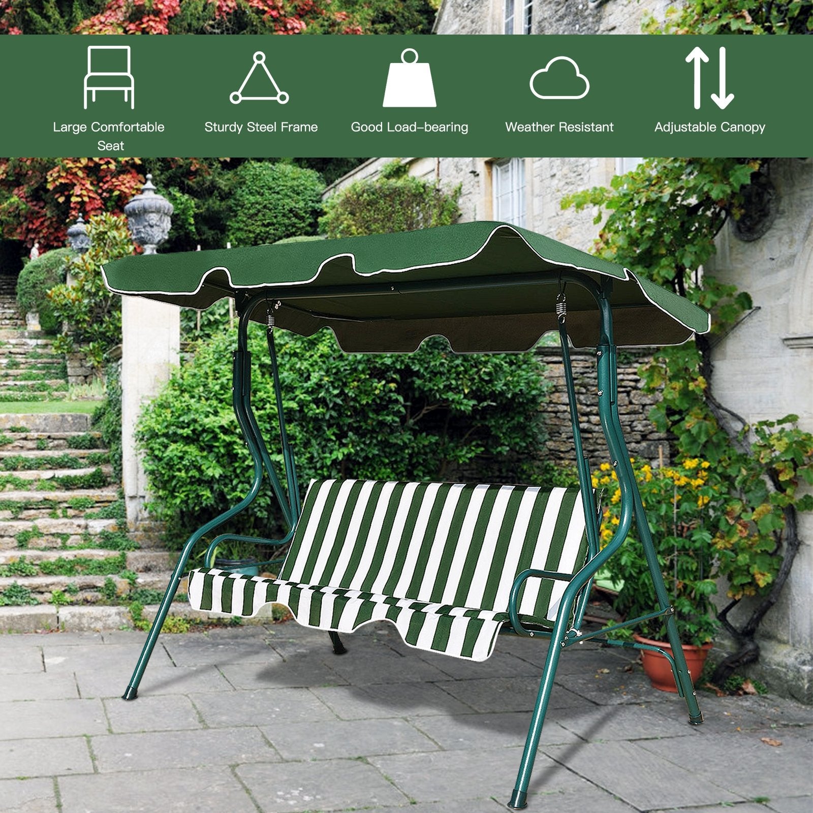 3 Seats Patio Canopy Swing, Green Porch Swings   at Gallery Canada