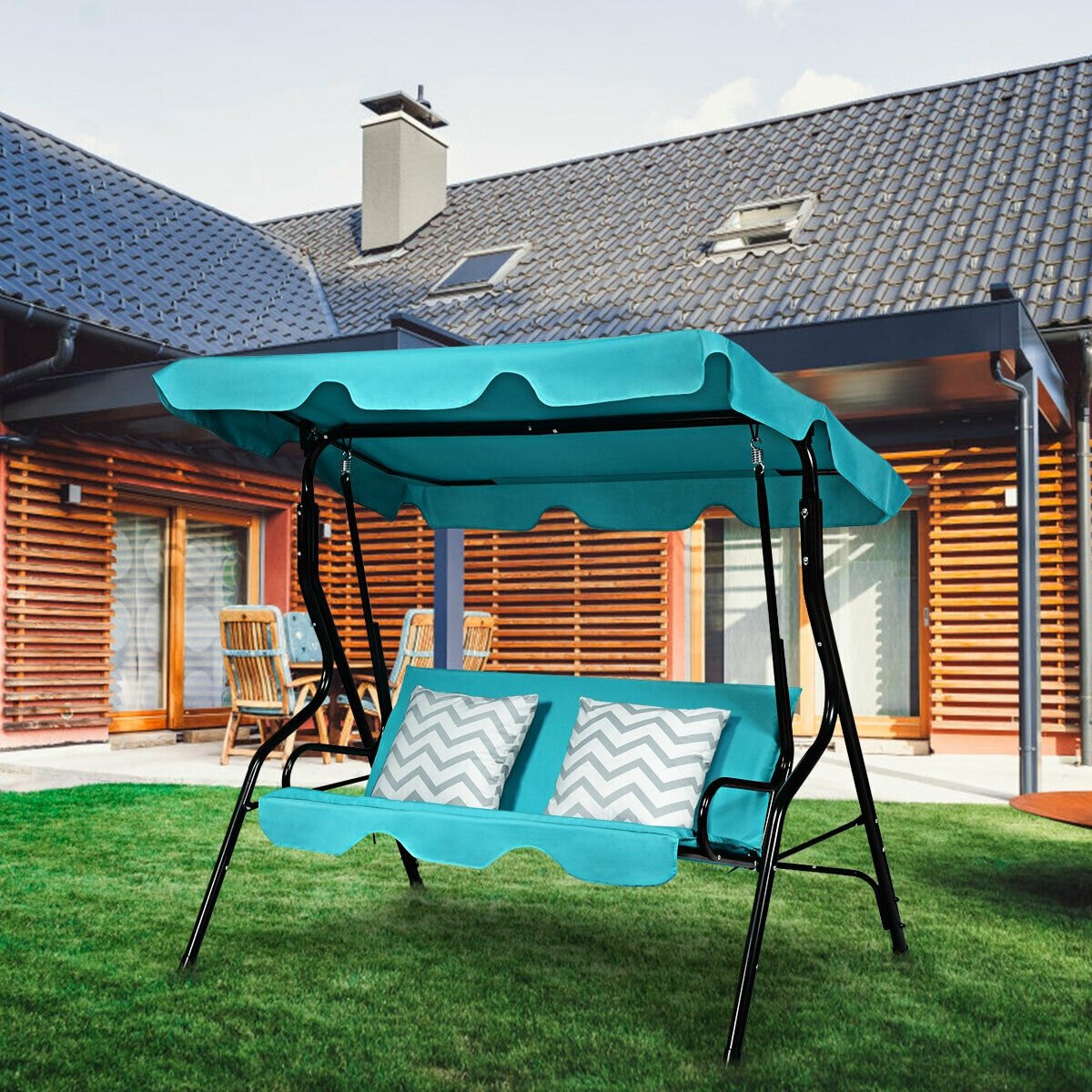 3 Seats Patio Canopy Cushioned Steel Frame Swing Glider Hammock, Blue Porch Swings   at Gallery Canada