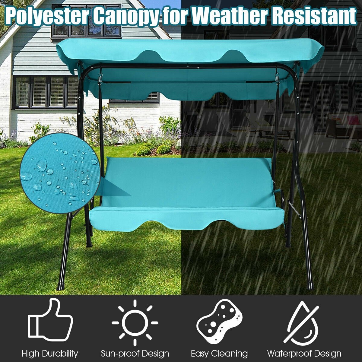 3 Seats Patio Canopy Cushioned Steel Frame Swing Glider Hammock, Blue - Gallery Canada