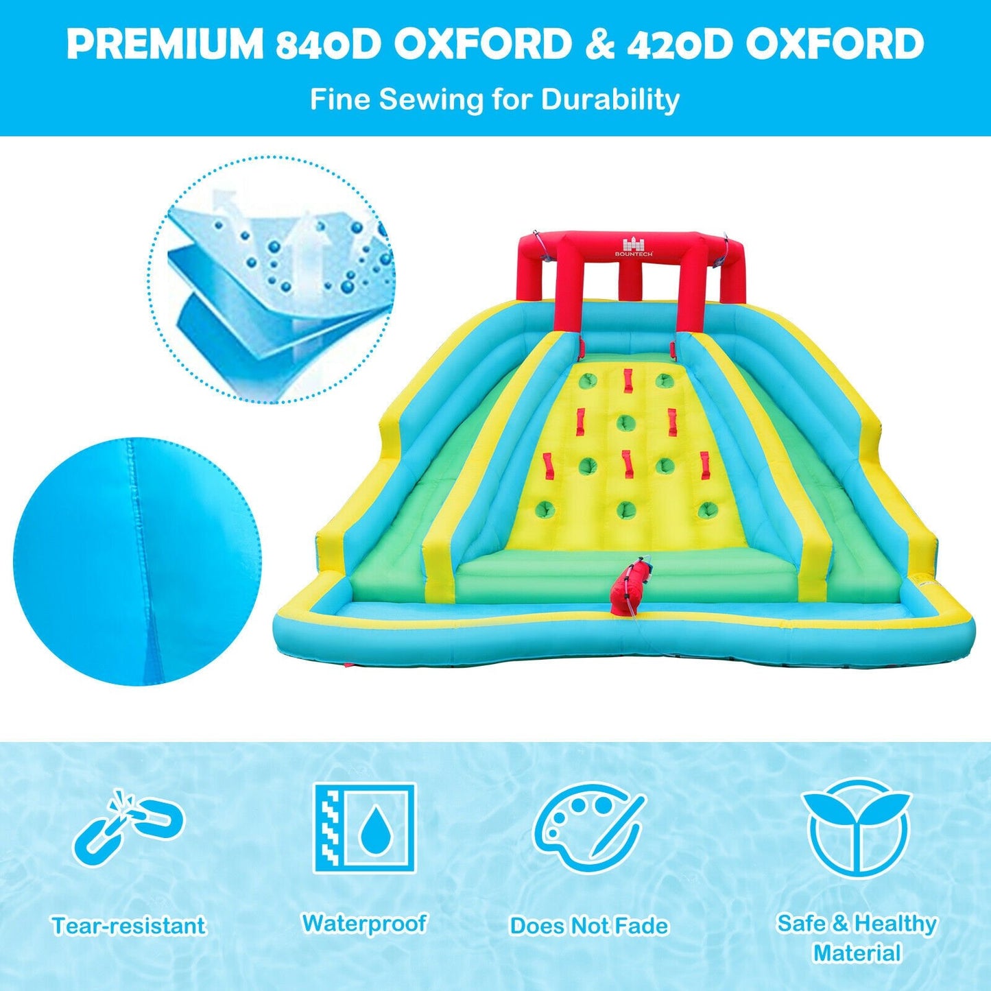 Inflatable Water Park Bounce House with Double Slide and Climbing Wall with 750W Blower, Blue - Gallery Canada