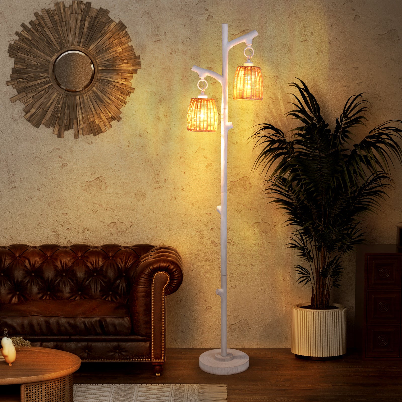 2 Light Tree Trunk Lamps with Wicker Shade, White Table & Floor Lamps at Gallery Canada