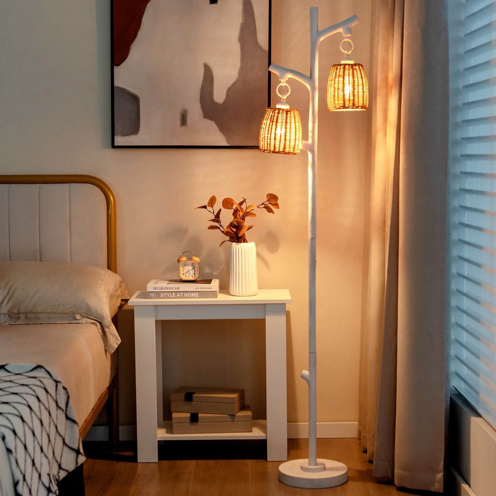 2 Light Tree Trunk Lamps with Wicker Shade, White Table & Floor Lamps at Gallery Canada