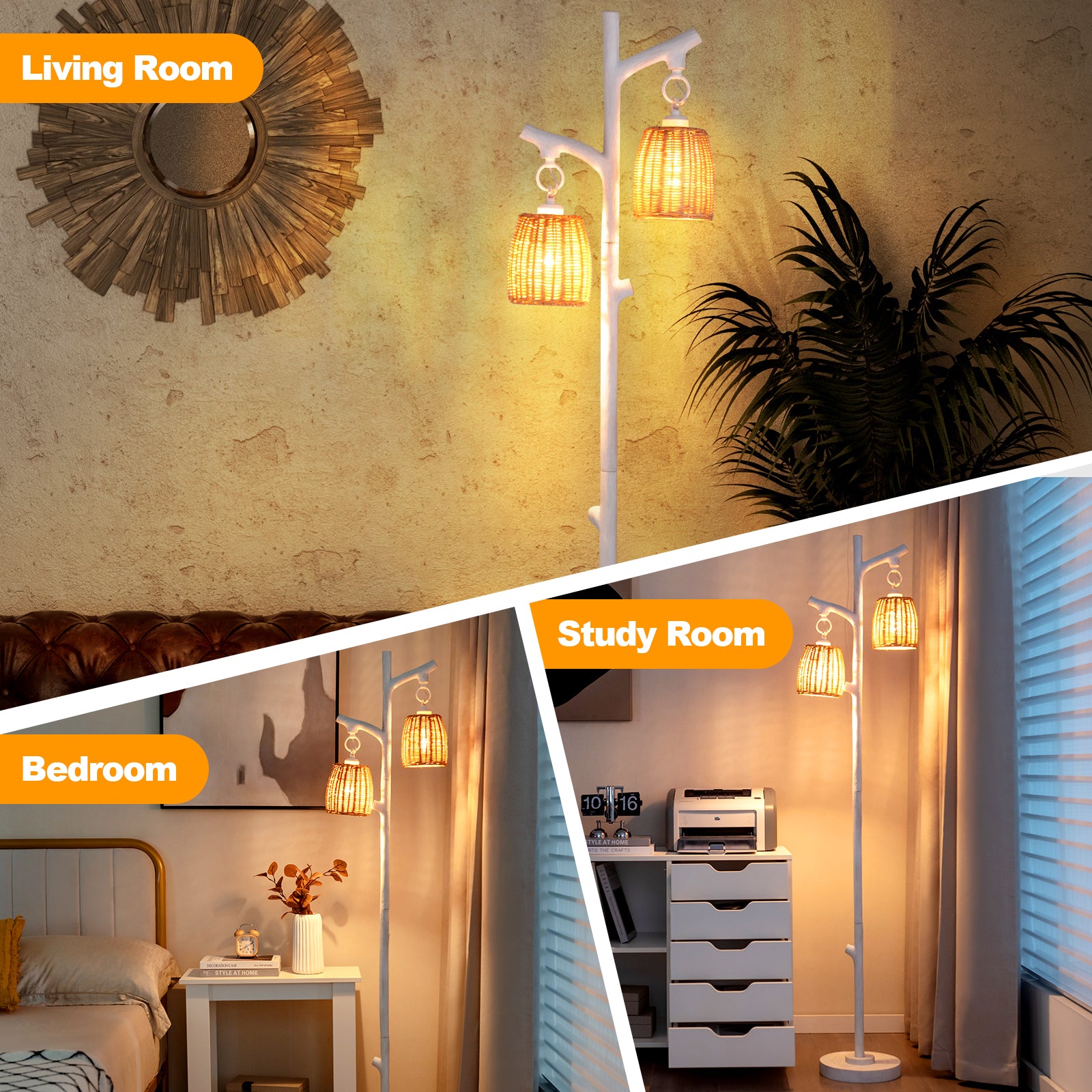 2 Light Tree Trunk Lamps with Wicker Shade, White Table & Floor Lamps at Gallery Canada