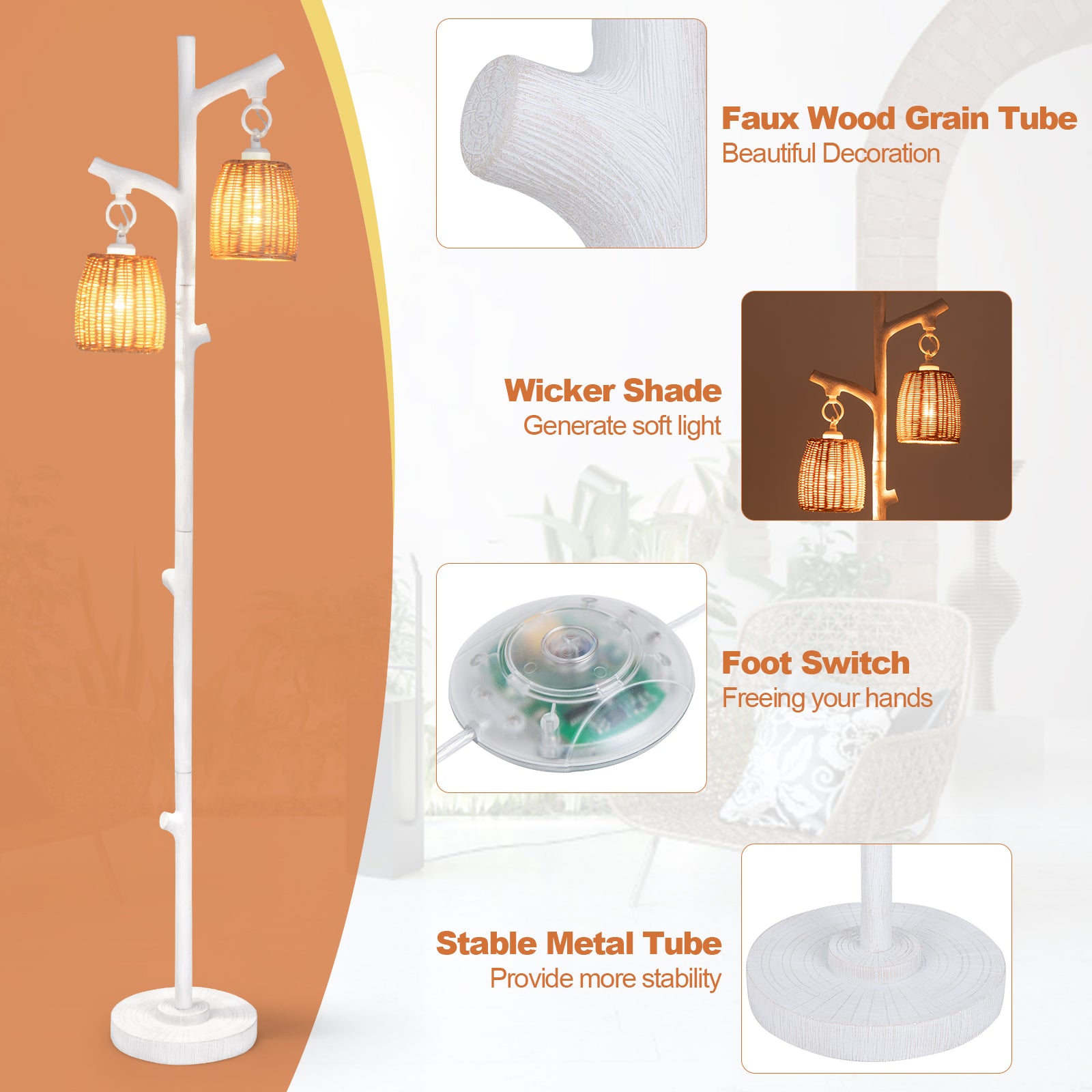 2 Light Tree Trunk Lamps with Wicker Shade, White Table & Floor Lamps at Gallery Canada