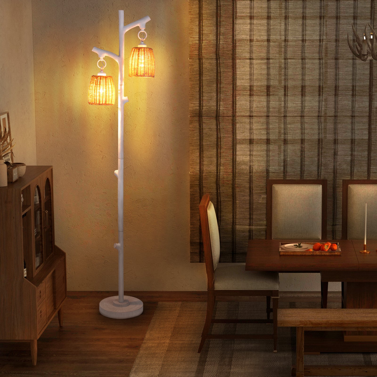 2 Light Tree Trunk Lamps with Wicker Shade, White Table & Floor Lamps at Gallery Canada