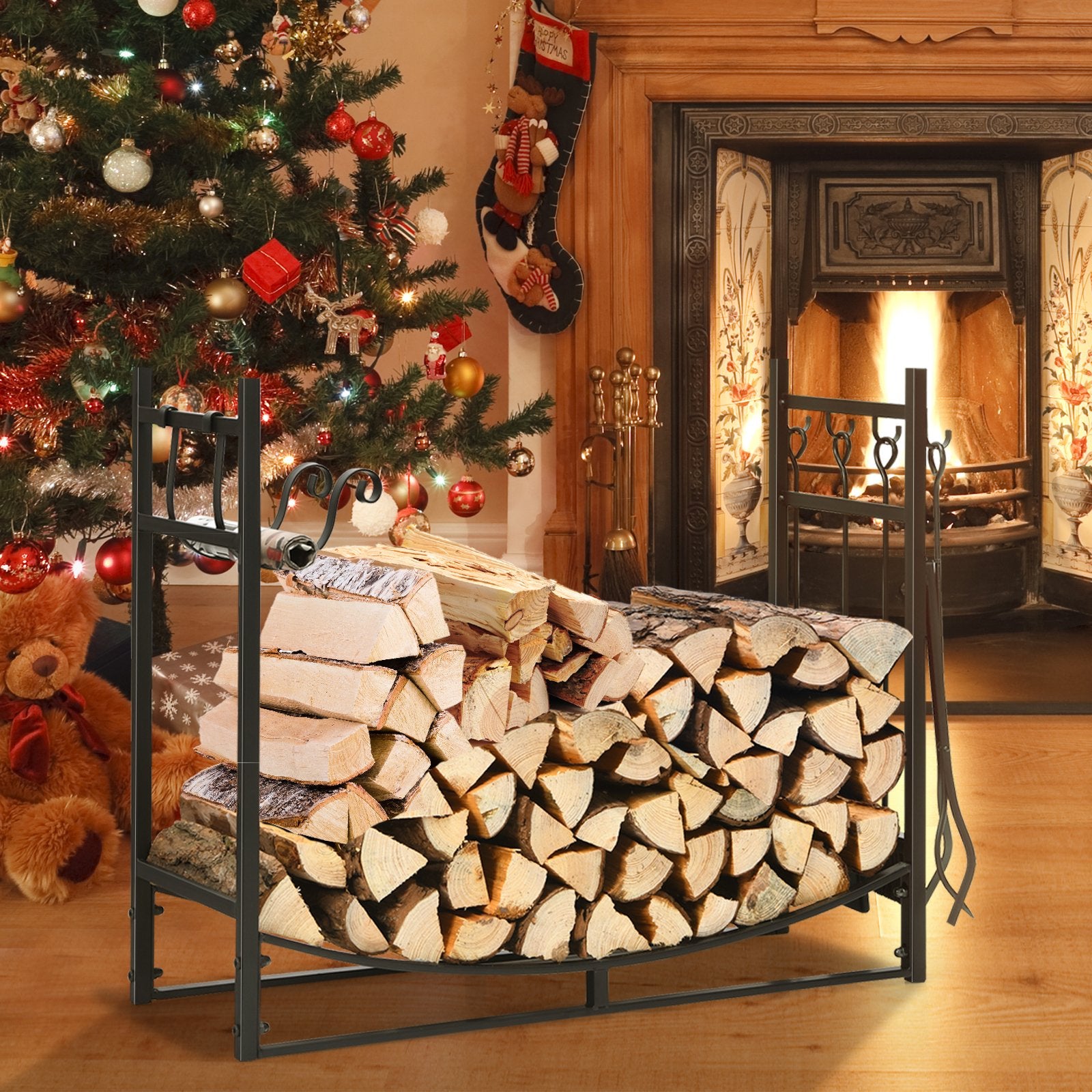 36 Inch Fireplace Log Holder with Kindling Holders and Shovel, Black Log Storage   at Gallery Canada
