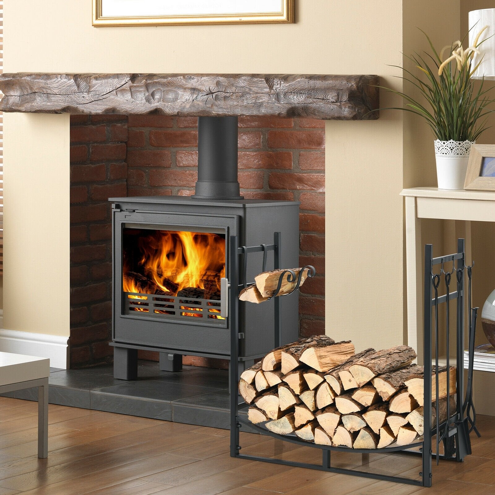 30 Inch Firewood Rack with 4 Tool Set Kindling Holders for Indoor and Outdoor, Black Log Storage   at Gallery Canada