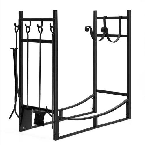 30 Inch Firewood Rack with 4 Tool Set Kindling Holders for Indoor and Outdoor, Black