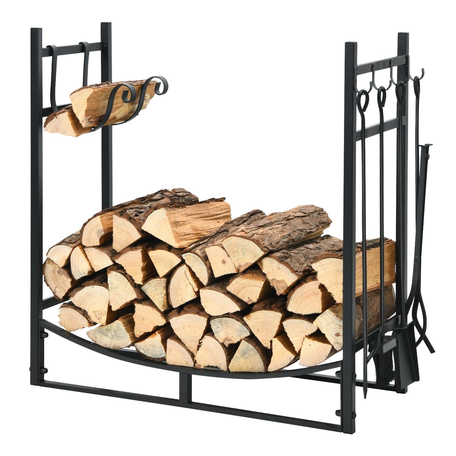 30 Inch Firewood Rack with 4 Tool Set Kindling Holders for Indoor and Outdoor, Black Log Storage at Gallery Canada