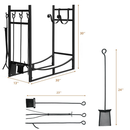 30 Inch Firewood Rack with 4 Tool Set Kindling Holders for Indoor and Outdoor, Black - Gallery Canada