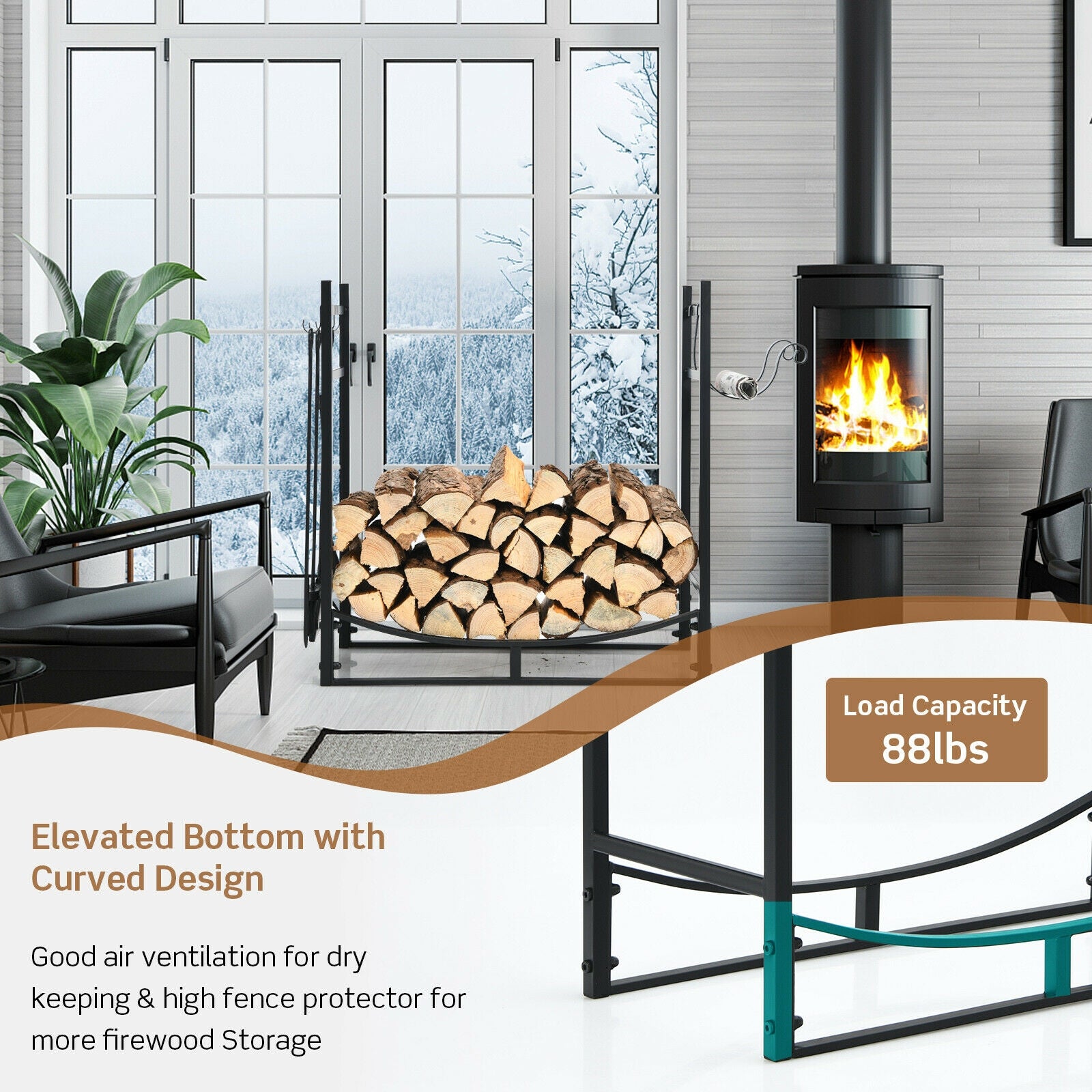 30 Inch Firewood Rack with 4 Tool Set Kindling Holders for Indoor and Outdoor, Black Log Storage at Gallery Canada