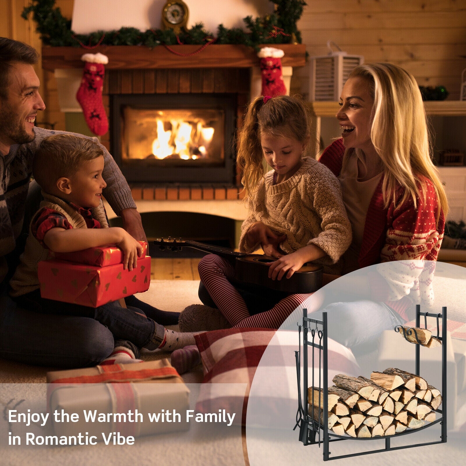 30 Inch Firewood Rack with 4 Tool Set Kindling Holders for Indoor and Outdoor, Black Log Storage at Gallery Canada