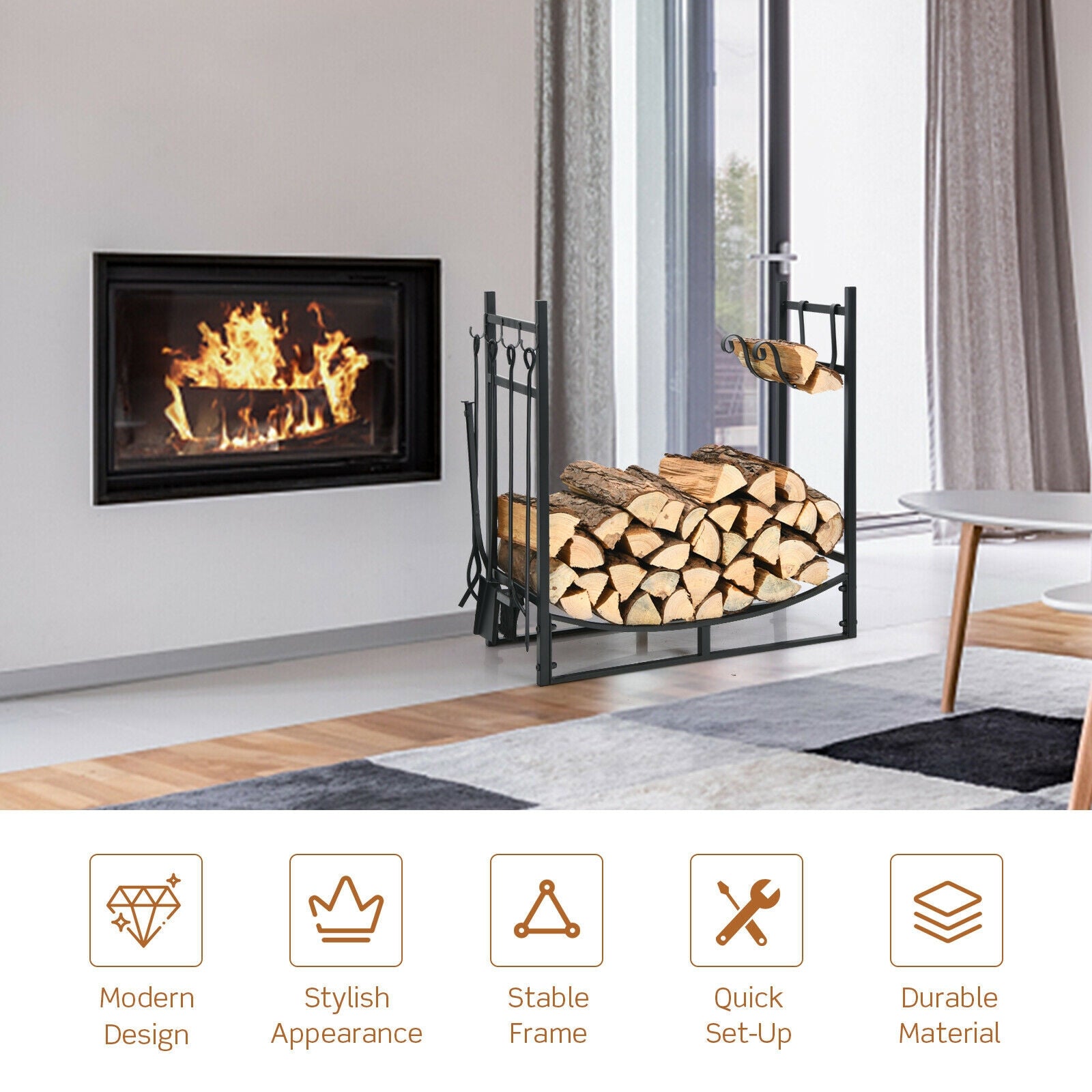 30 Inch Firewood Rack with 4 Tool Set Kindling Holders for Indoor and Outdoor, Black Log Storage at Gallery Canada
