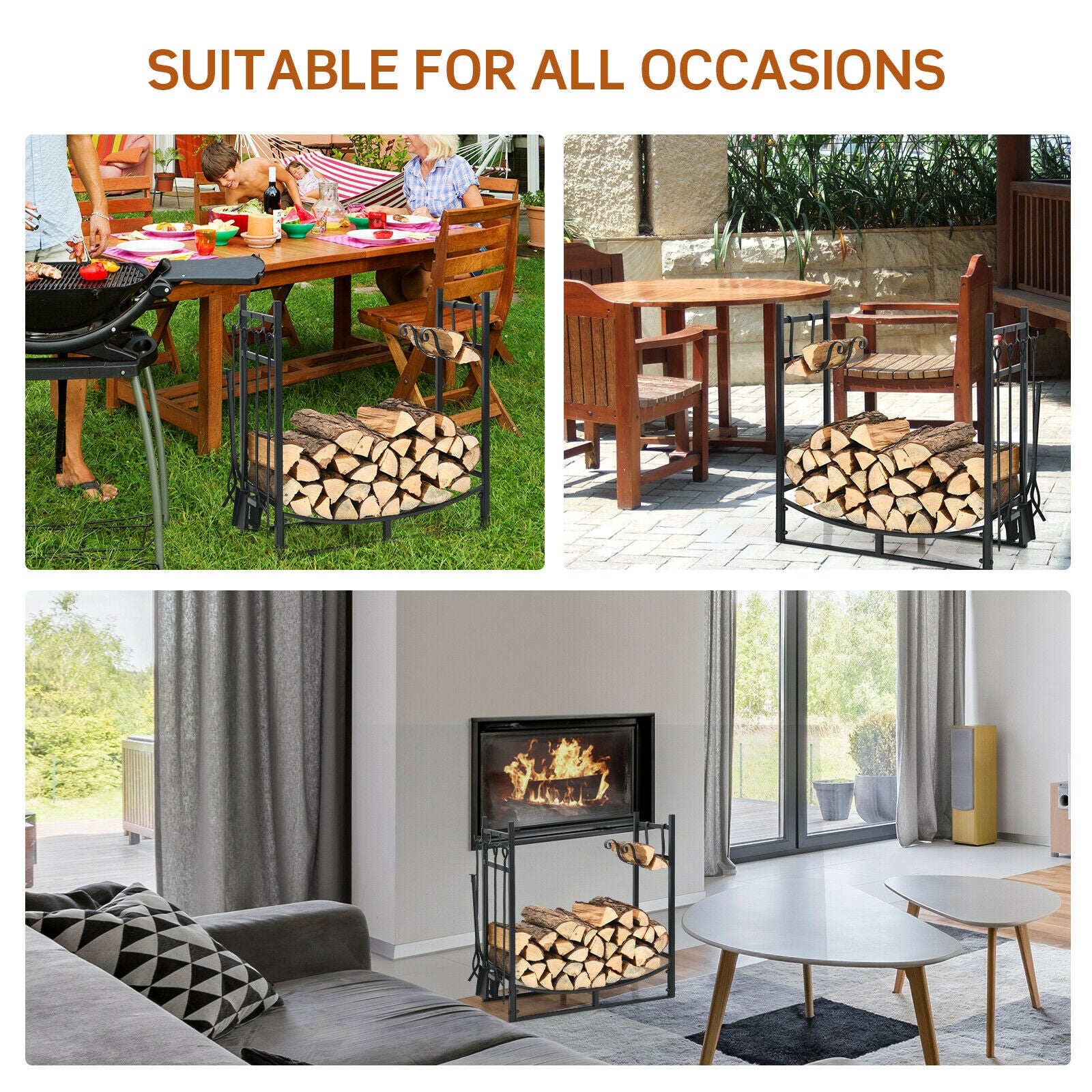30 Inch Firewood Rack with 4 Tool Set Kindling Holders for Indoor and Outdoor, Black Log Storage at Gallery Canada