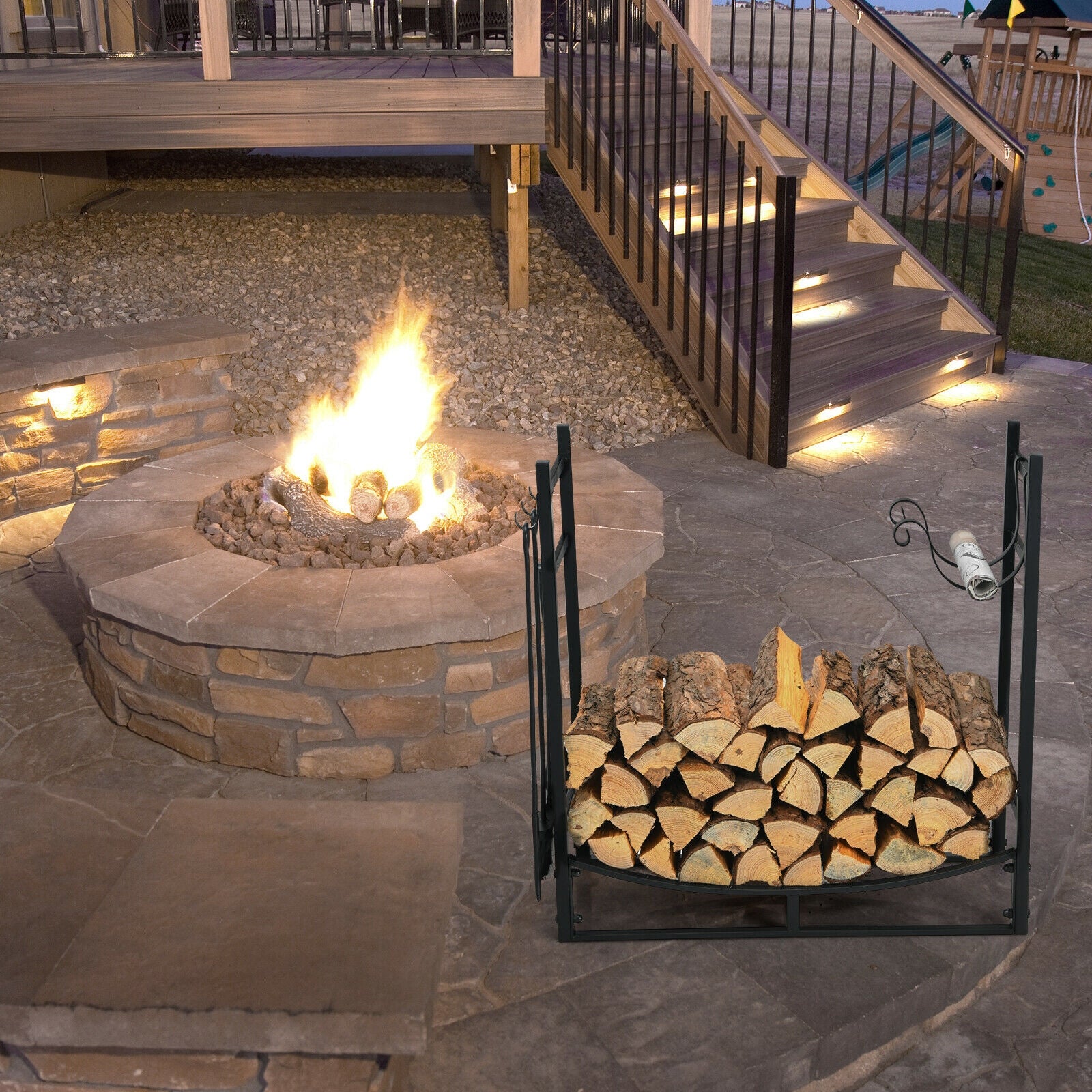 30 Inch Firewood Rack with 4 Tool Set Kindling Holders for Indoor and Outdoor, Black Log Storage at Gallery Canada