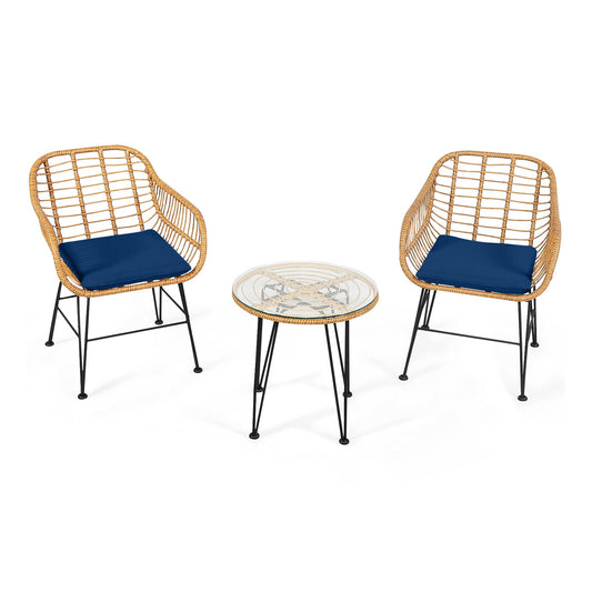 3 Pieces Rattan Furniture Set with Cushioned Chair Table, Navy Patio Conversation Sets   at Gallery Canada