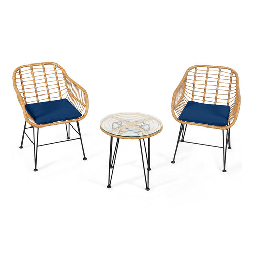 3 Pieces Rattan Furniture Set with Cushioned Chair Table, Navy