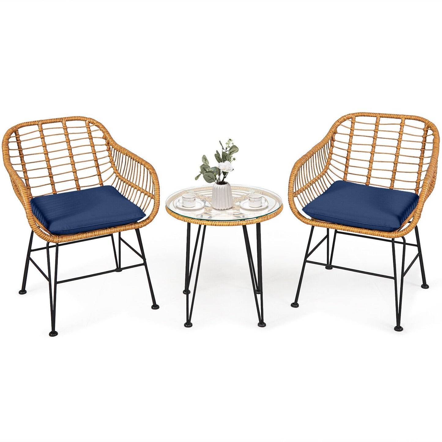 3 Pieces Rattan Furniture Set with Cushioned Chair Table, Navy Patio Conversation Sets   at Gallery Canada