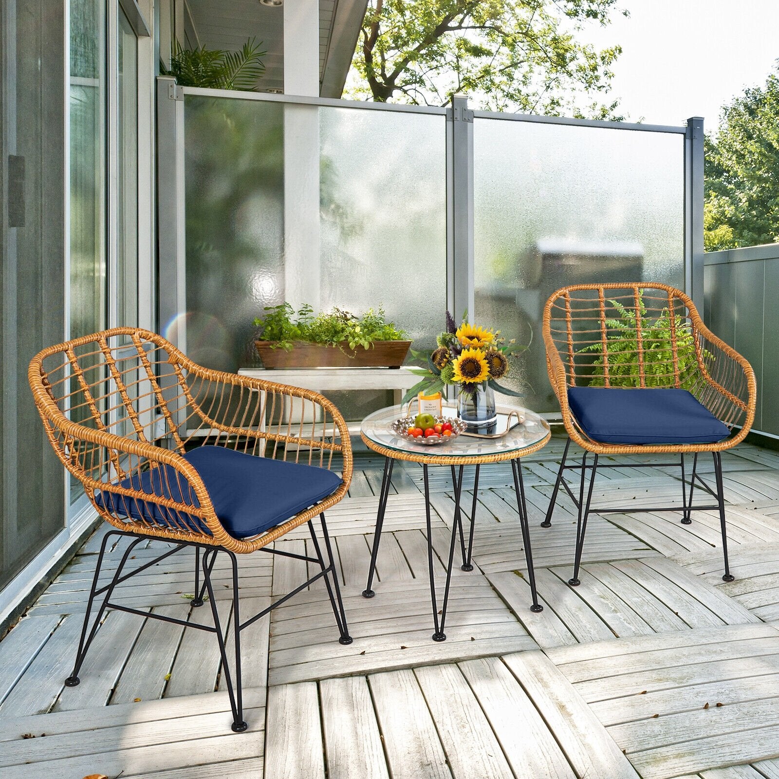 3 Pieces Rattan Furniture Set with Cushioned Chair Table, Navy Patio Conversation Sets   at Gallery Canada