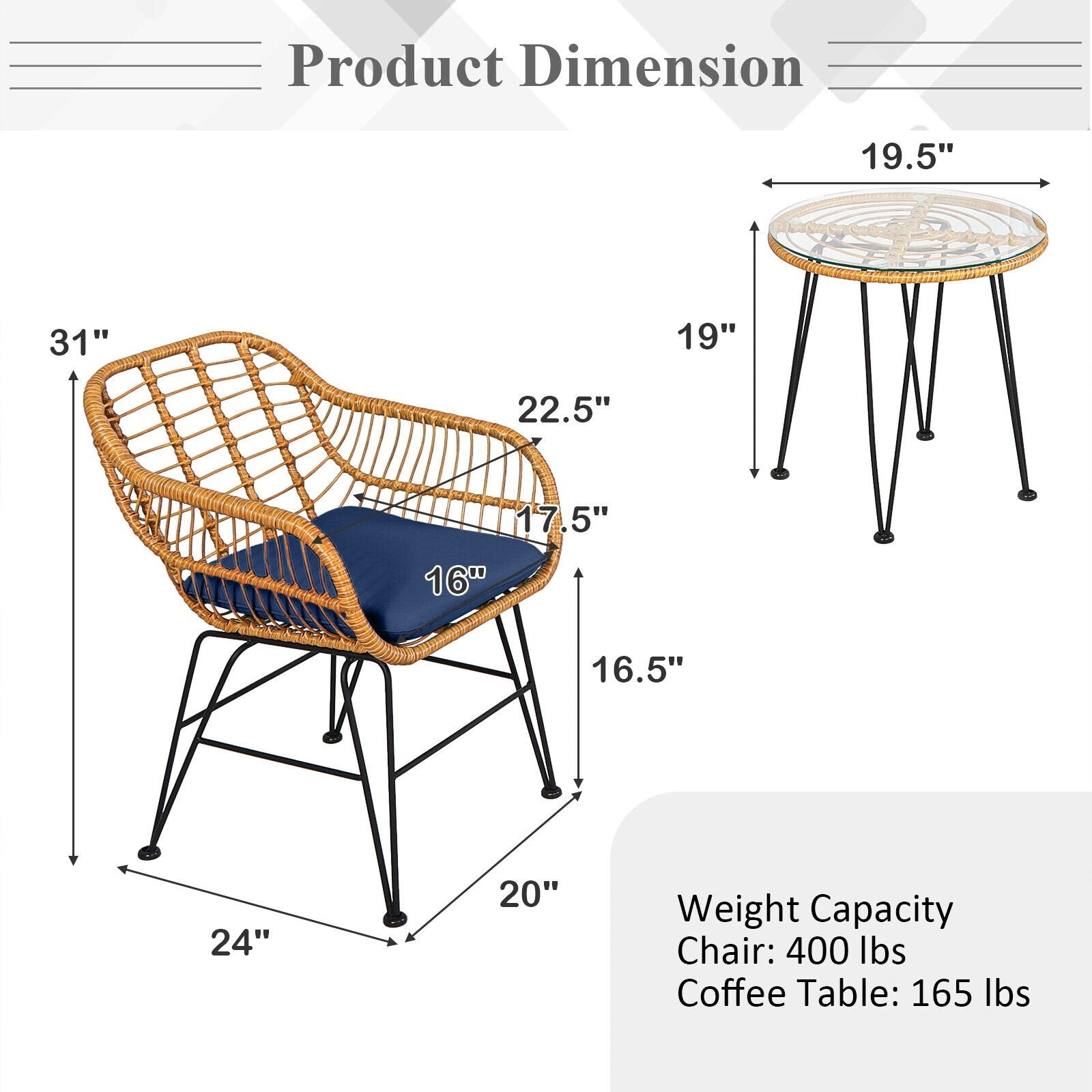 3 Pieces Rattan Furniture Set with Cushioned Chair Table, Navy Patio Conversation Sets   at Gallery Canada