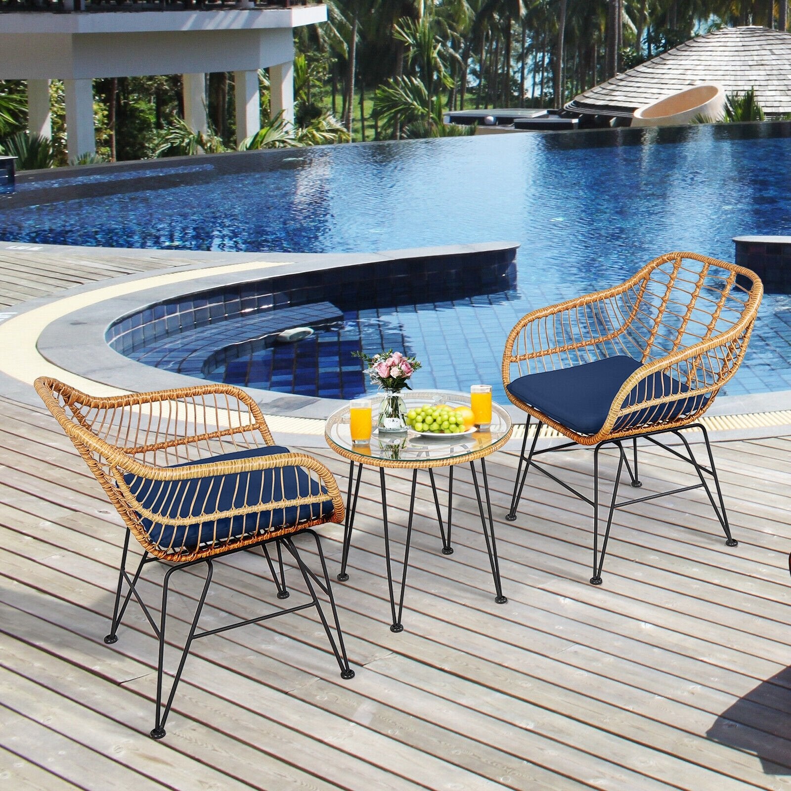 3 Pieces Rattan Furniture Set with Cushioned Chair Table, Navy Patio Conversation Sets   at Gallery Canada