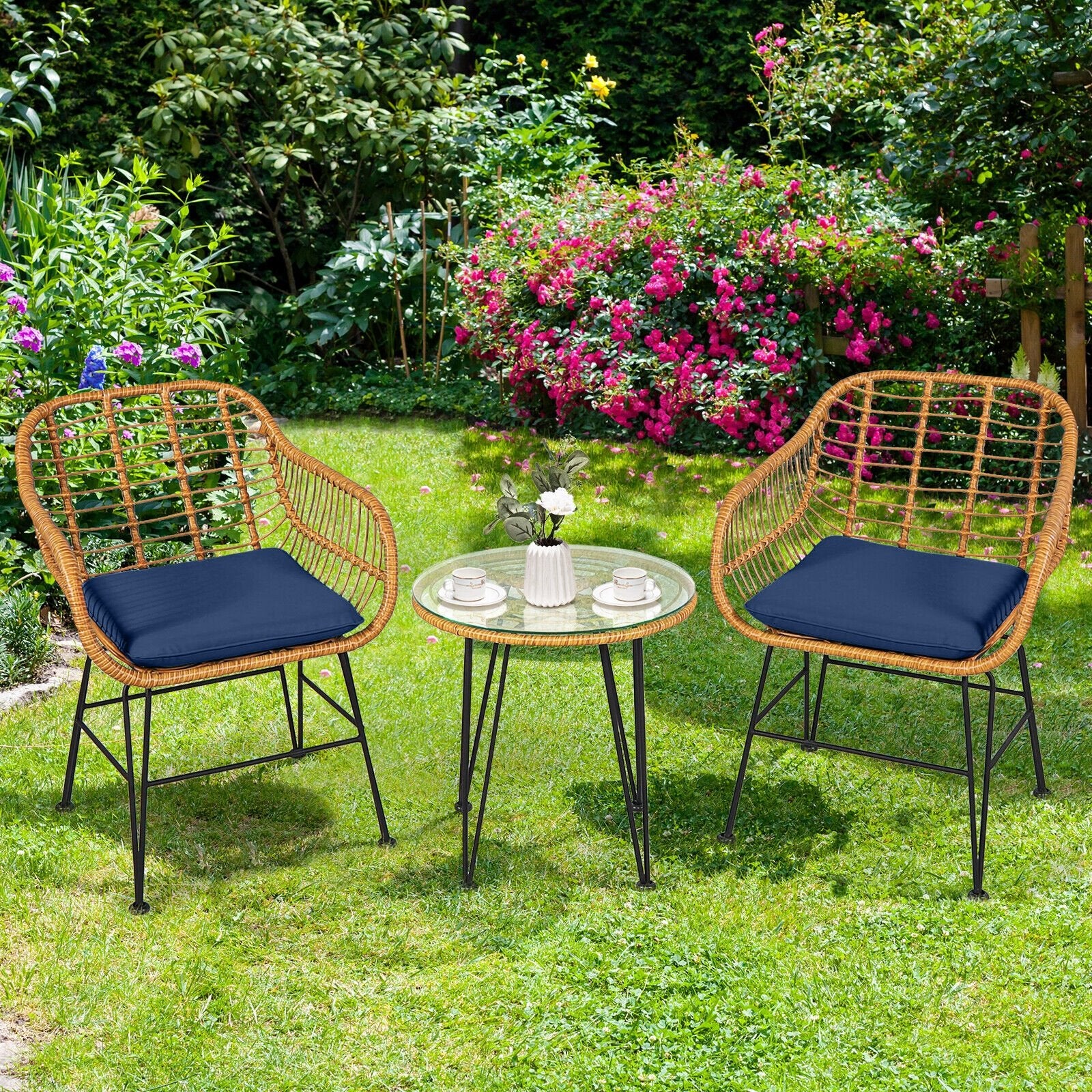 3 Pieces Rattan Furniture Set with Cushioned Chair Table, Navy Patio Conversation Sets   at Gallery Canada