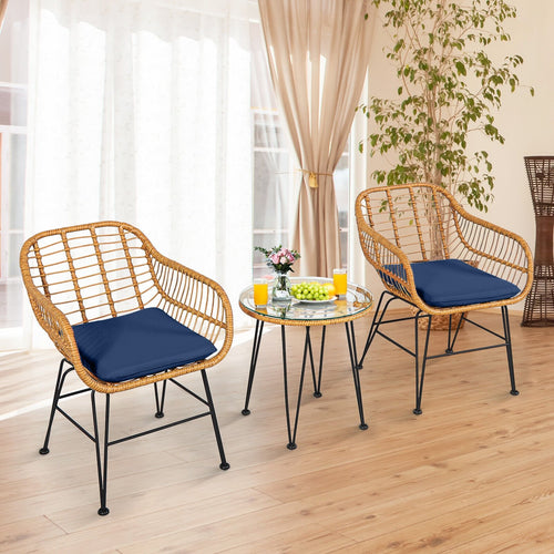 3 Pieces Rattan Furniture Set with Cushioned Chair Table, Navy