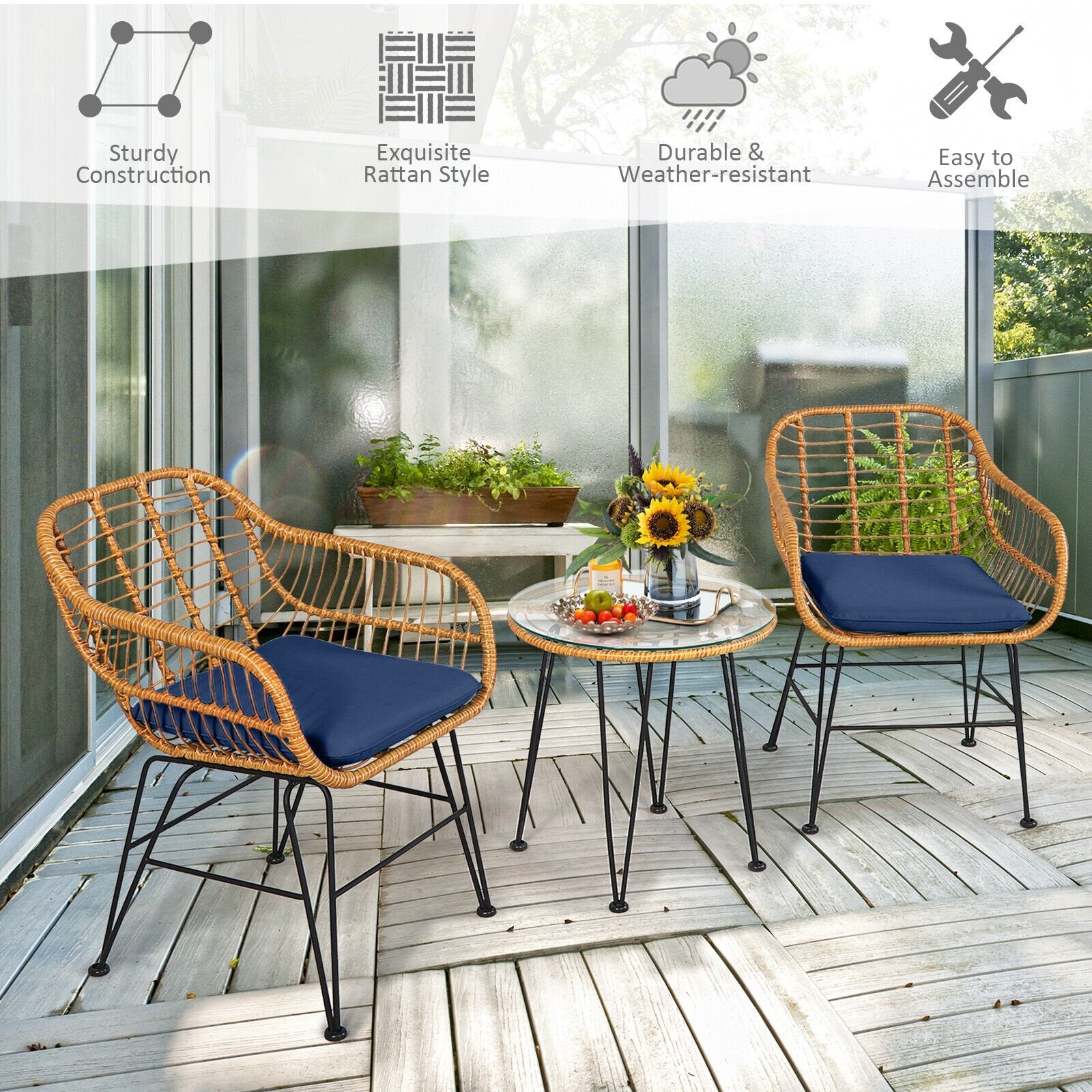 3 Pieces Rattan Furniture Set with Cushioned Chair Table, Navy Patio Conversation Sets   at Gallery Canada