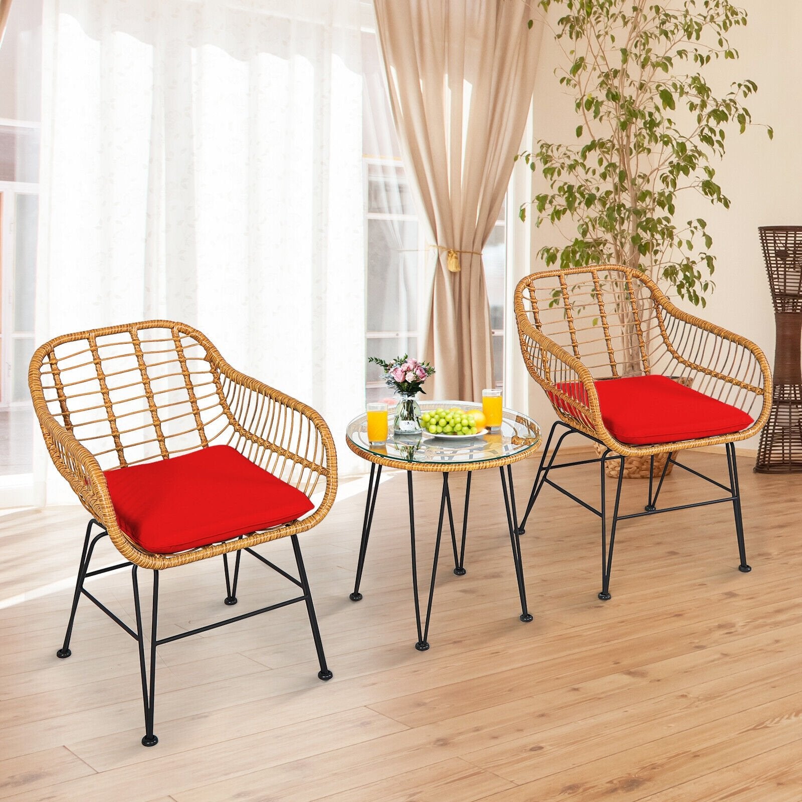 3 Pieces Rattan Furniture Set with Cushioned Chair Table, Red - Gallery Canada