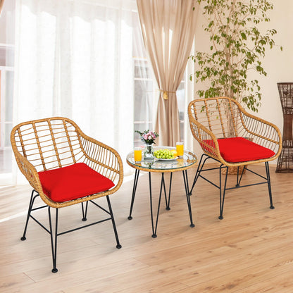 3 Pieces Rattan Furniture Set with Cushioned Chair Table, Red Patio Conversation Sets   at Gallery Canada