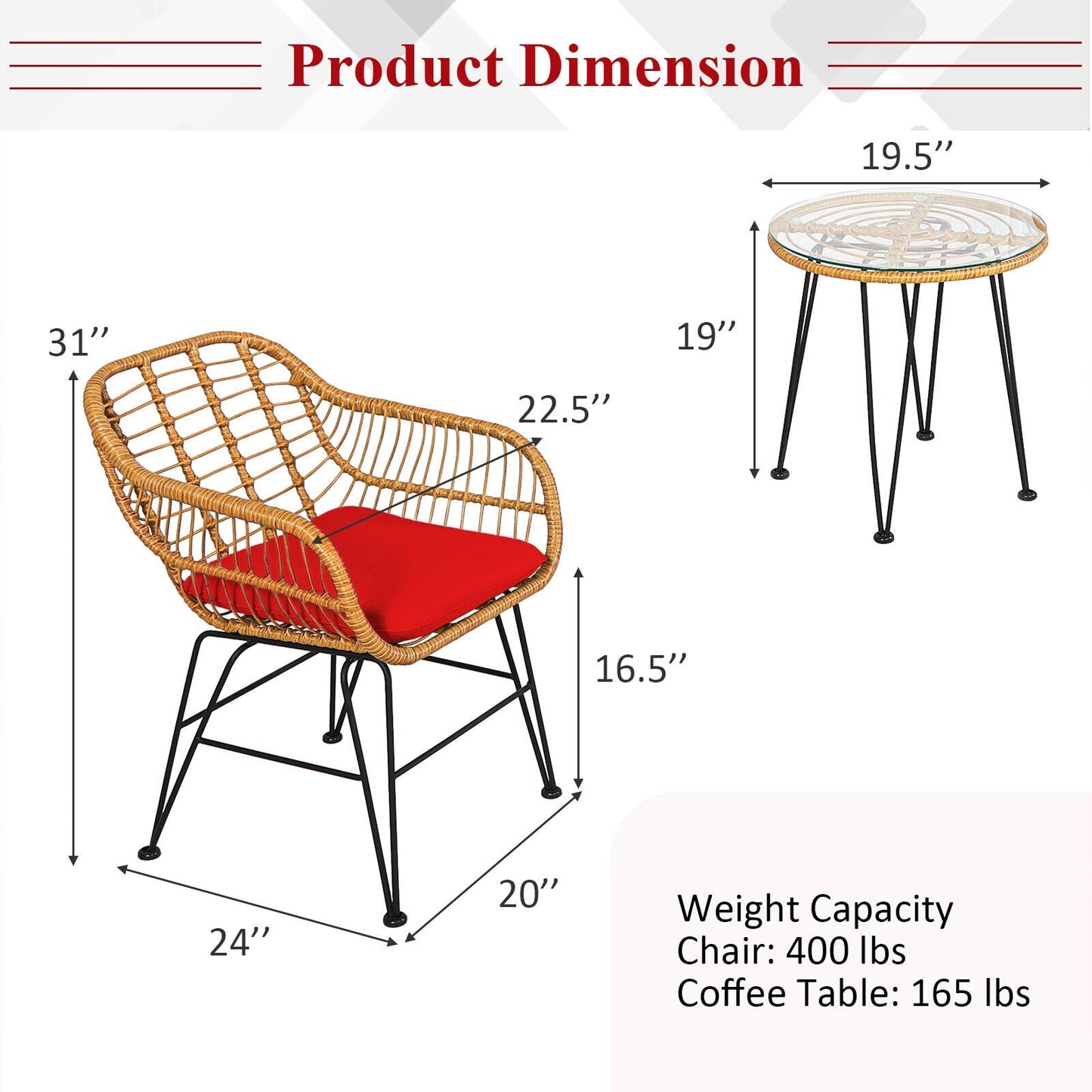 3 Pieces Rattan Furniture Set with Cushioned Chair Table, Red - Gallery Canada