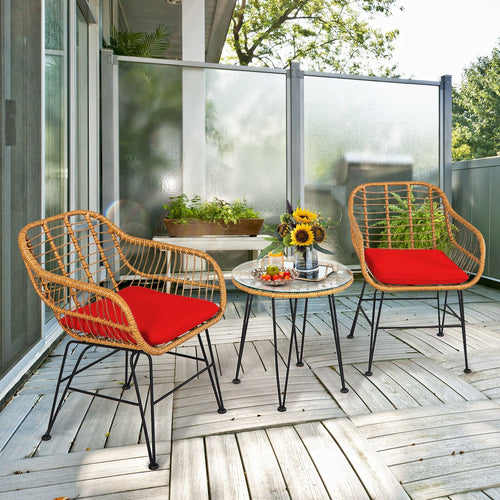 3 Pieces Rattan Furniture Set with Cushioned Chair Table, Red
