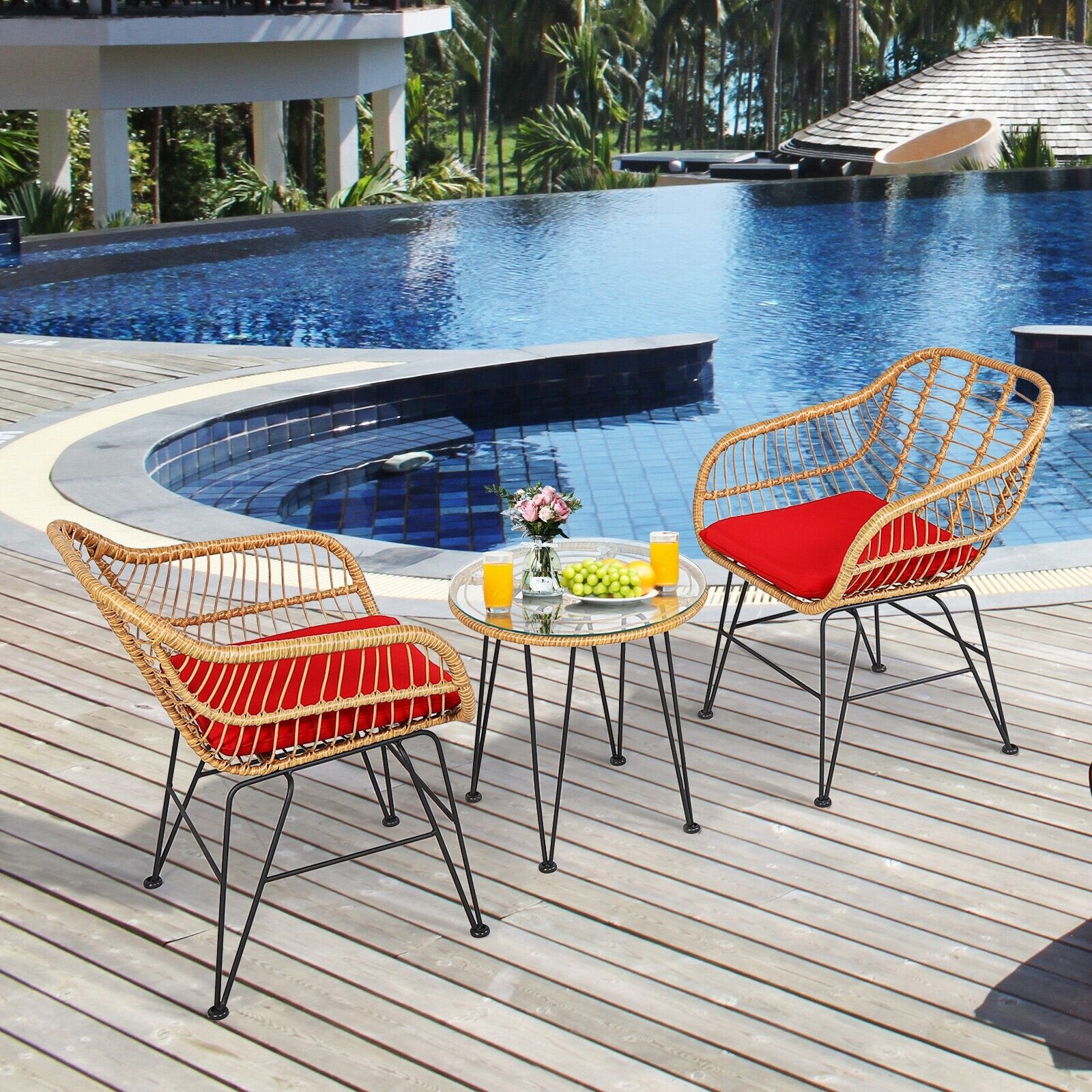 3 Pieces Rattan Furniture Set with Cushioned Chair Table, Red Patio Conversation Sets   at Gallery Canada