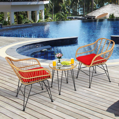 3 Pieces Rattan Furniture Set with Cushioned Chair Table, Red - Gallery Canada