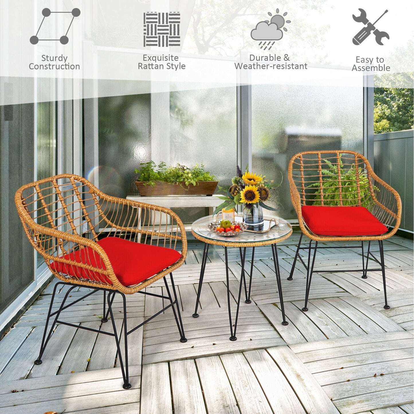 3 Pieces Rattan Furniture Set with Cushioned Chair Table, Red Patio Conversation Sets   at Gallery Canada