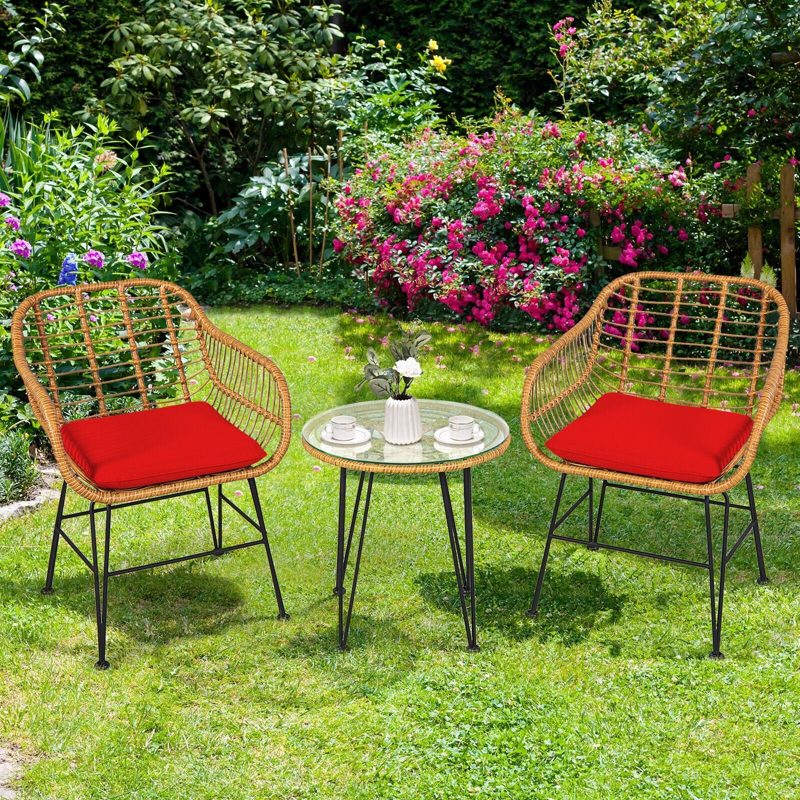 3 Pieces Rattan Furniture Set with Cushioned Chair Table, Red - Gallery Canada