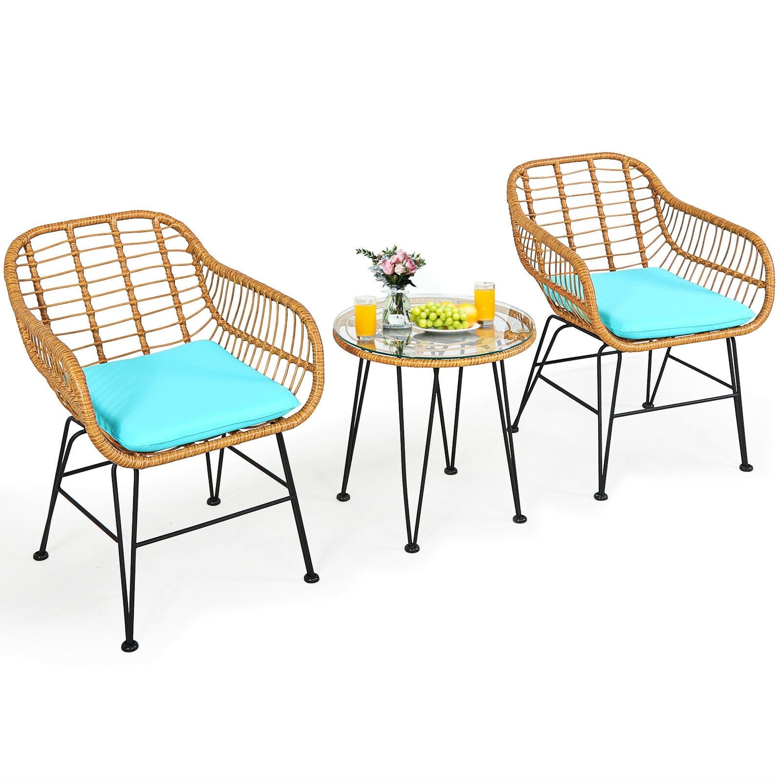 3 Pieces Rattan Furniture Set with Cushioned Chair Table, Turquoise Patio Conversation Sets   at Gallery Canada