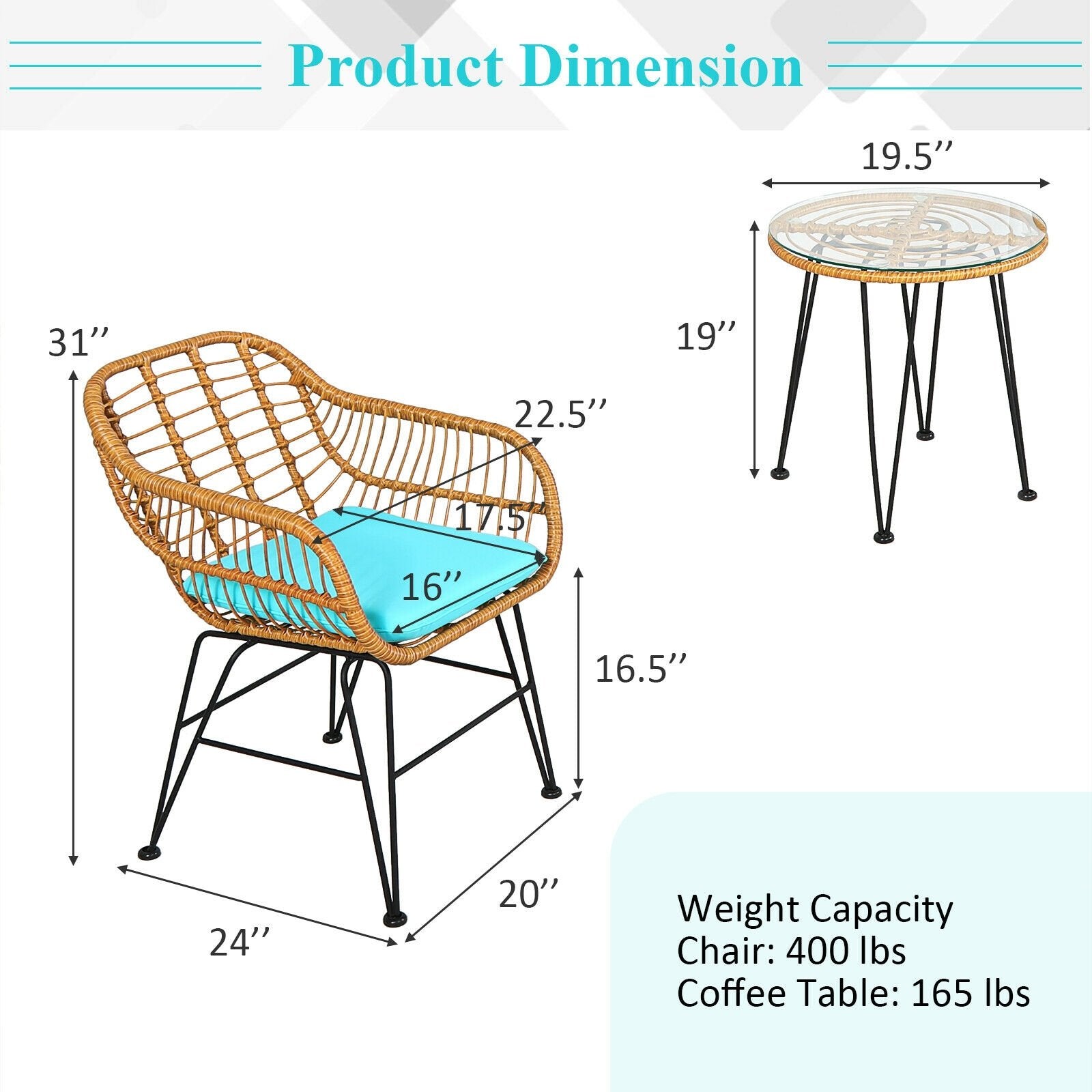 3 Pieces Rattan Furniture Set with Cushioned Chair Table, Turquoise Patio Conversation Sets   at Gallery Canada