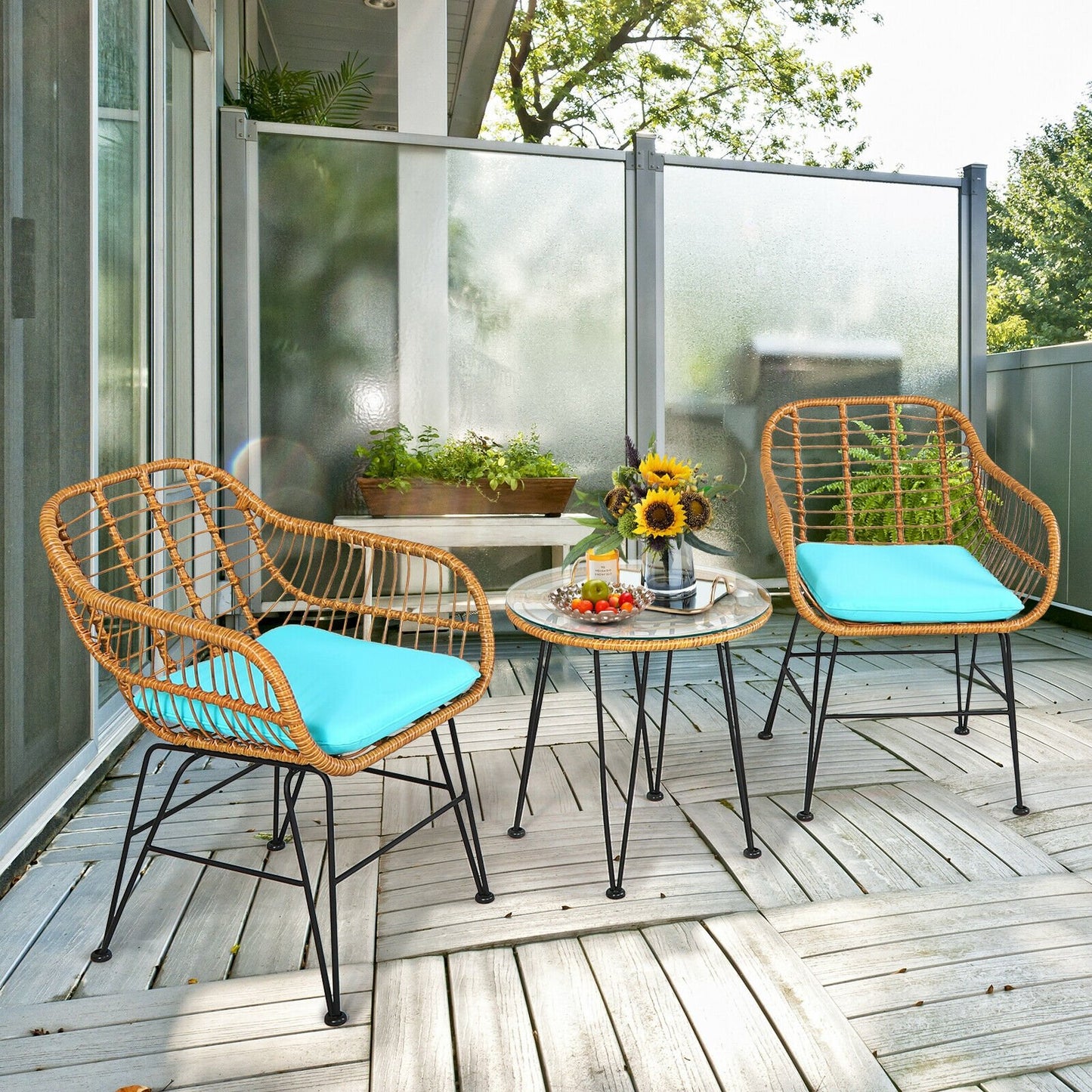 3 Pieces Rattan Furniture Set with Cushioned Chair Table, Turquoise Patio Conversation Sets   at Gallery Canada