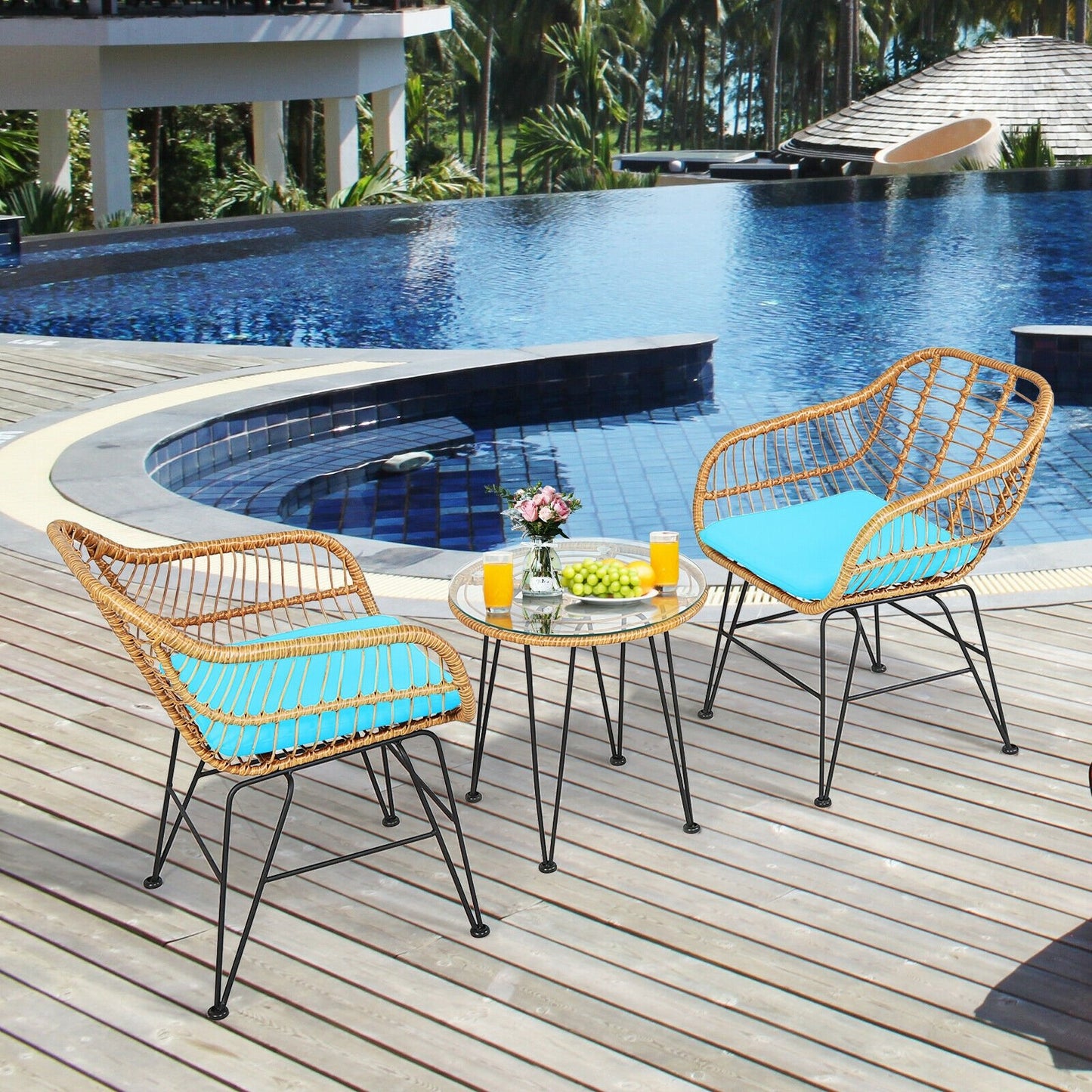 3 Pieces Rattan Furniture Set with Cushioned Chair Table, Turquoise Patio Conversation Sets   at Gallery Canada