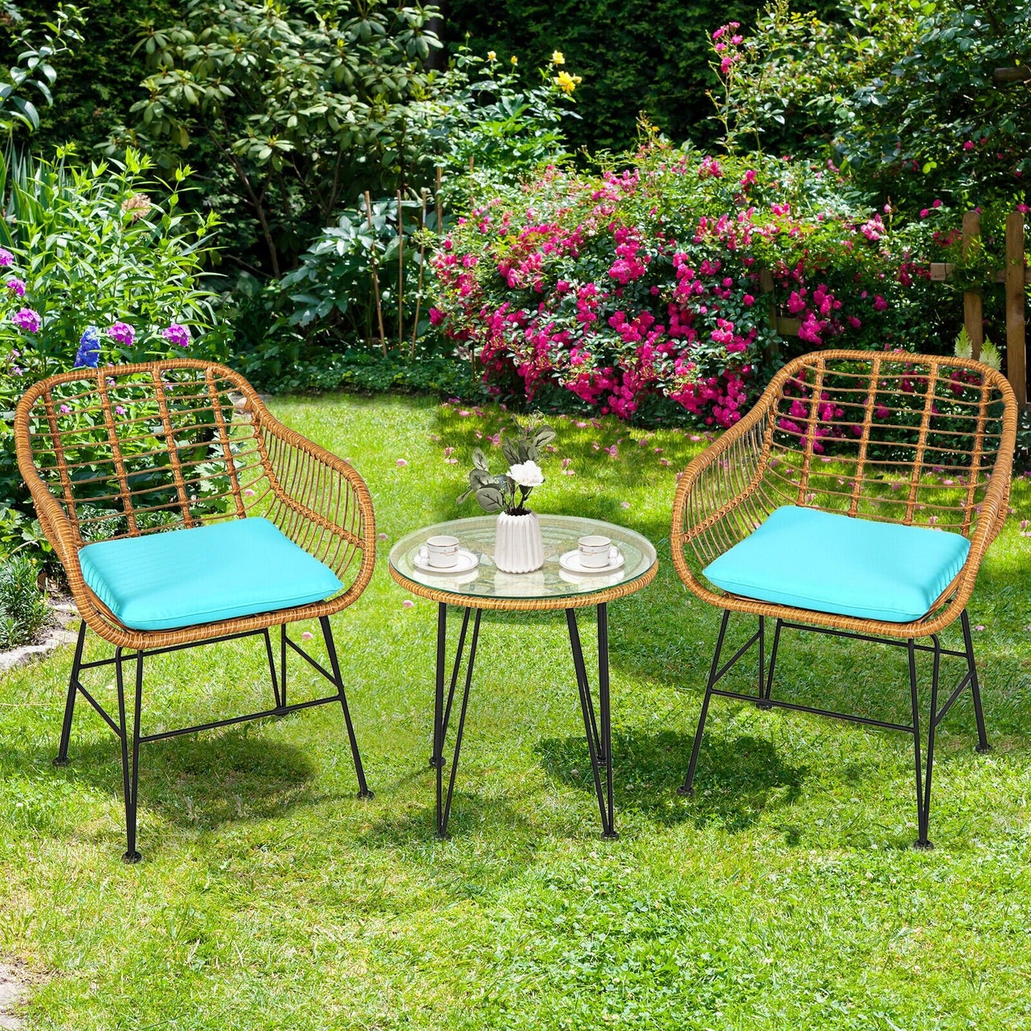 3 Pieces Rattan Furniture Set with Cushioned Chair Table, Turquoise Patio Conversation Sets   at Gallery Canada