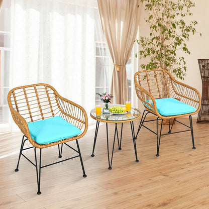 3 Pieces Rattan Furniture Set with Cushioned Chair Table, Turquoise Patio Conversation Sets   at Gallery Canada