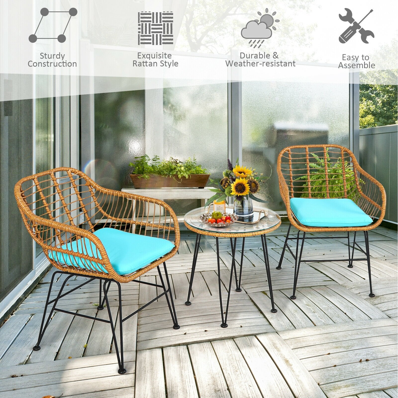 3 Pieces Rattan Furniture Set with Cushioned Chair Table, Turquoise Patio Conversation Sets   at Gallery Canada