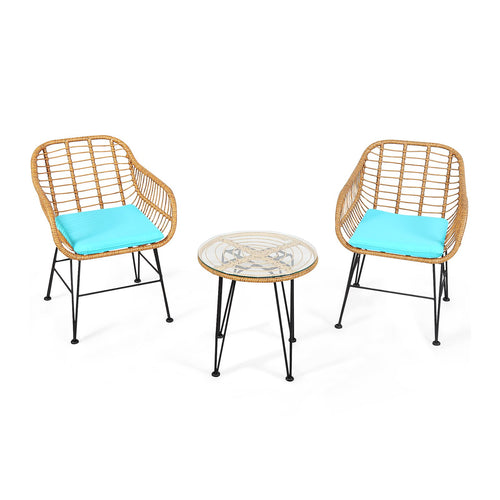 3 Pieces Rattan Furniture Set with Cushioned Chair Table, Turquoise