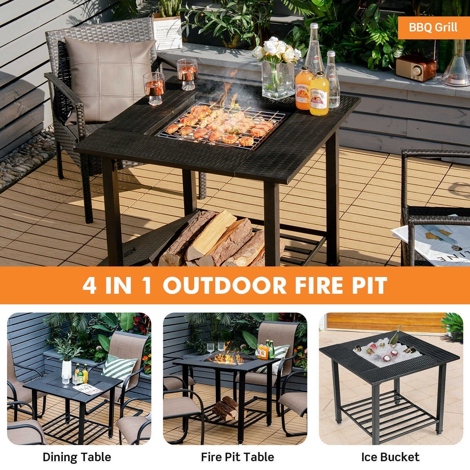 31 Inch Outdoor Fire Pit Dining Table with Cooking BBQ Grate, Black Fire Pit Tables   at Gallery Canada