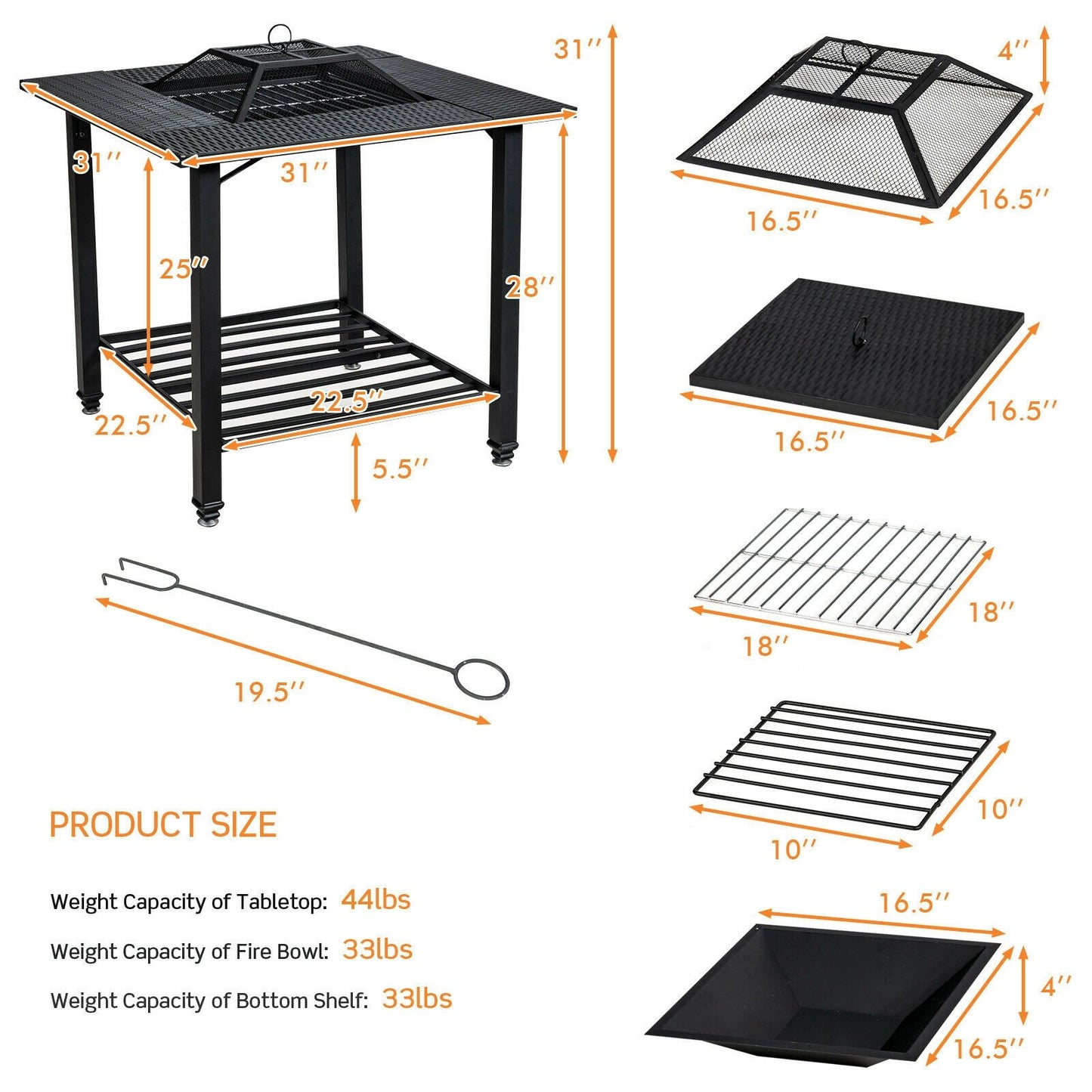 31 Inch Outdoor Fire Pit Dining Table with Cooking BBQ Grate, Black - Gallery Canada