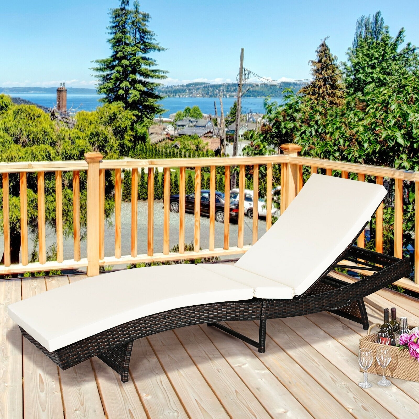 Patio Folding Chaise Lounge with 5 Adjustable Levels and Cushion, White Outdoor Chaise Lounges   at Gallery Canada