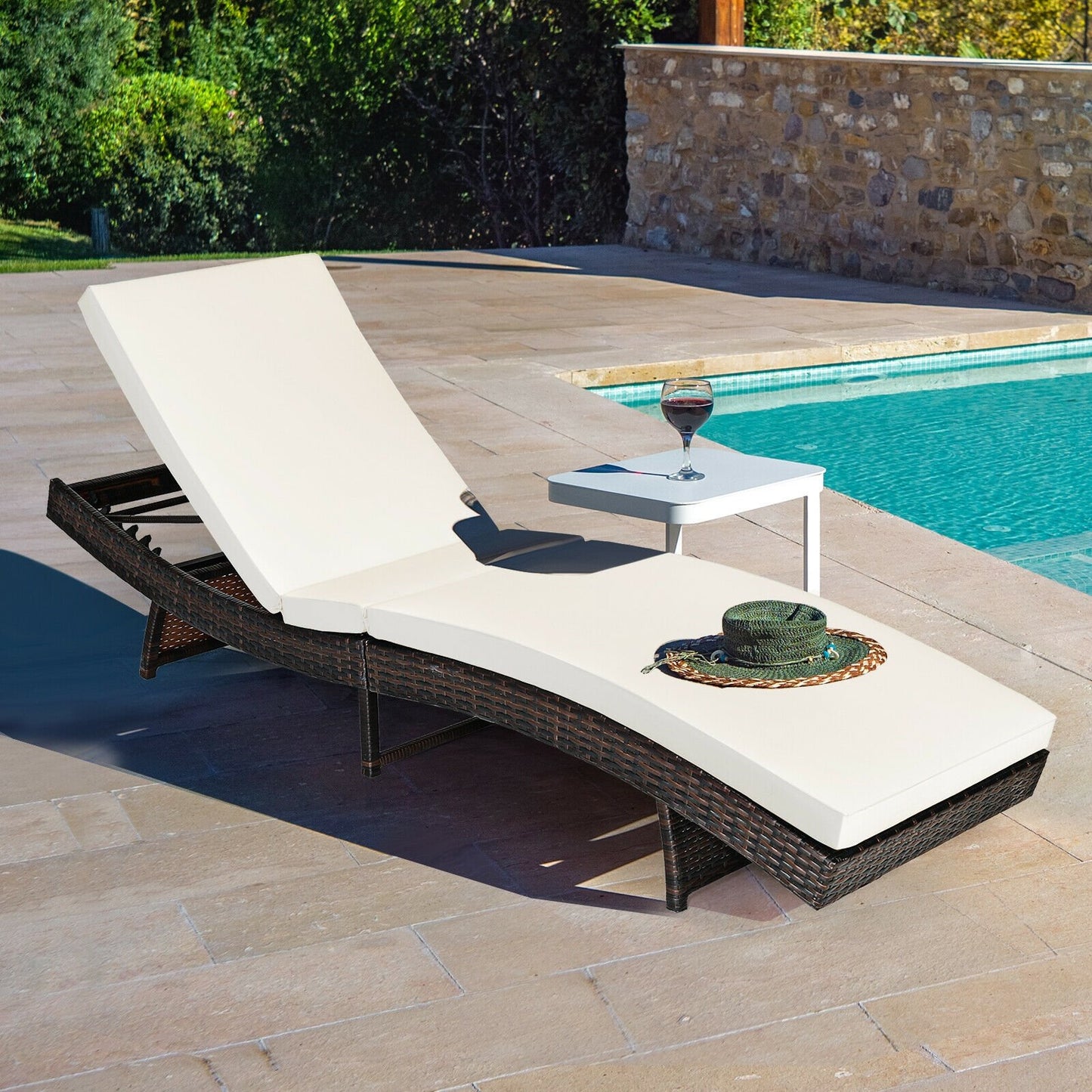 Patio Folding Chaise Lounge with 5 Adjustable Levels and Cushion, White Outdoor Chaise Lounges   at Gallery Canada