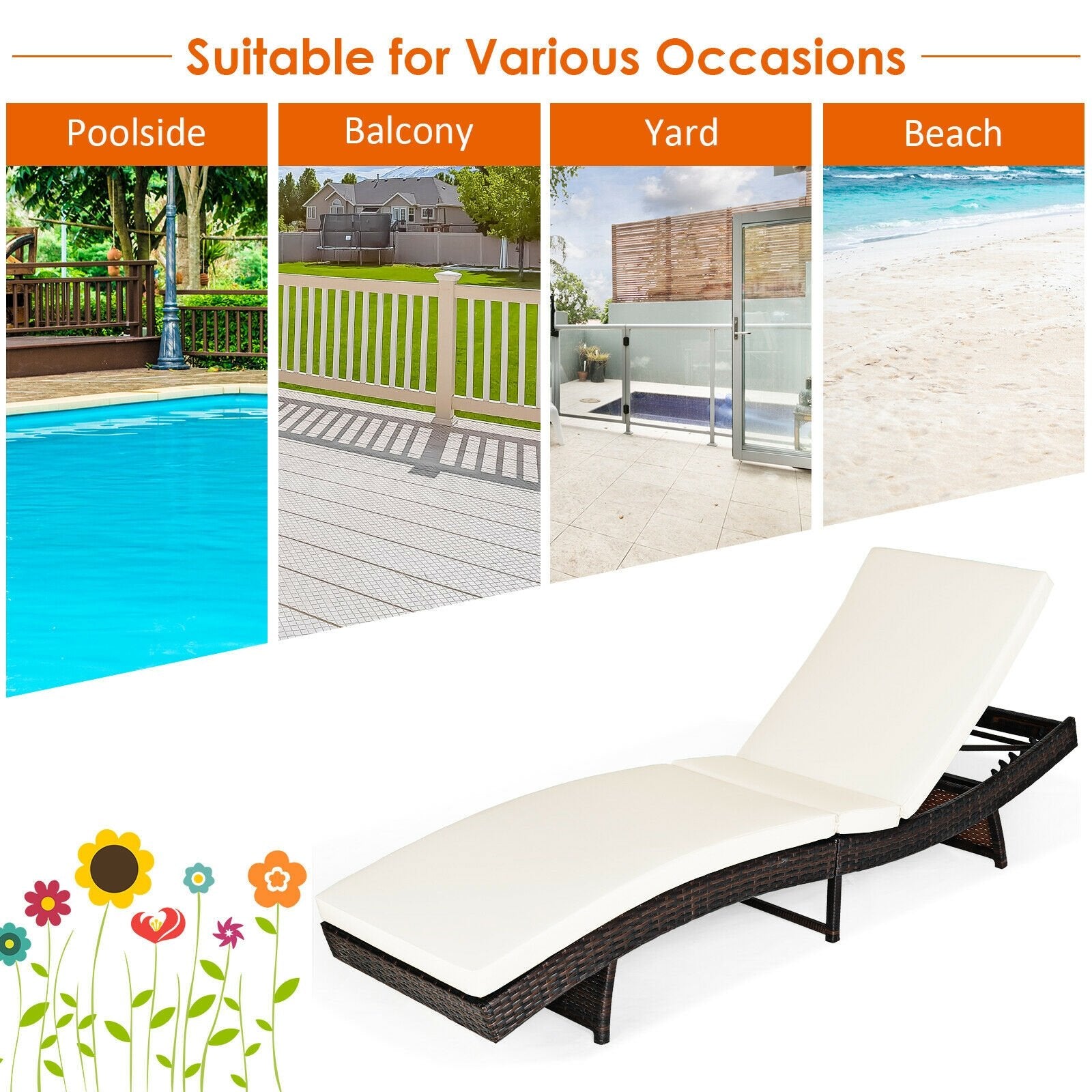 Patio Folding Chaise Lounge with 5 Adjustable Levels and Cushion, White Outdoor Chaise Lounges   at Gallery Canada